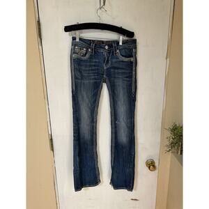 Rock Revival Kai Boot Cut Distressed Jeans Womens Sz 26 Embellished Flap Pocket